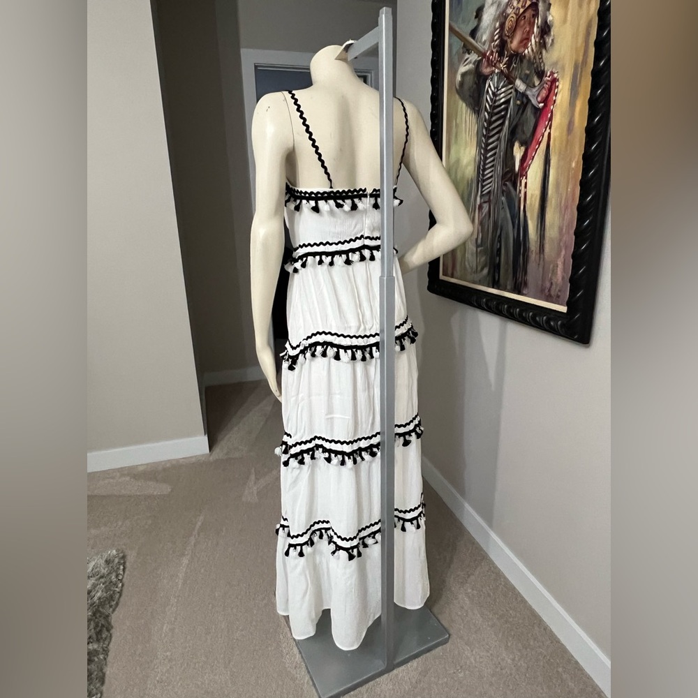 L’ATISTE Tiered White & Black Maxi Dress – Tassel Trim | Size XS - Picture 11 of 13